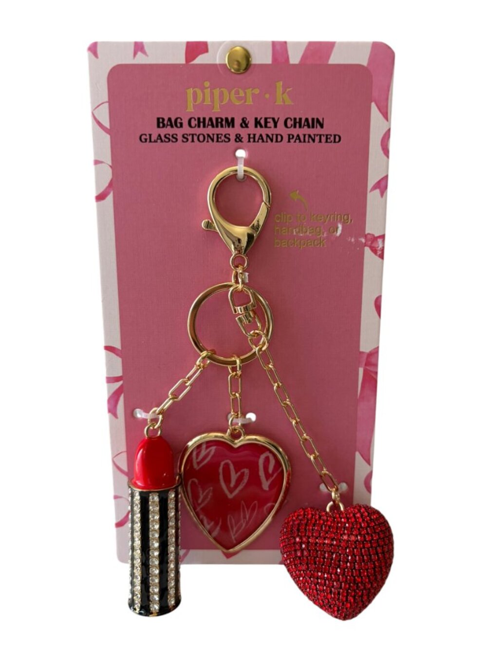Piper K Hand-Painted Rhinestone-Encrusted Red Lipstick and Red Hearts Bag Charm